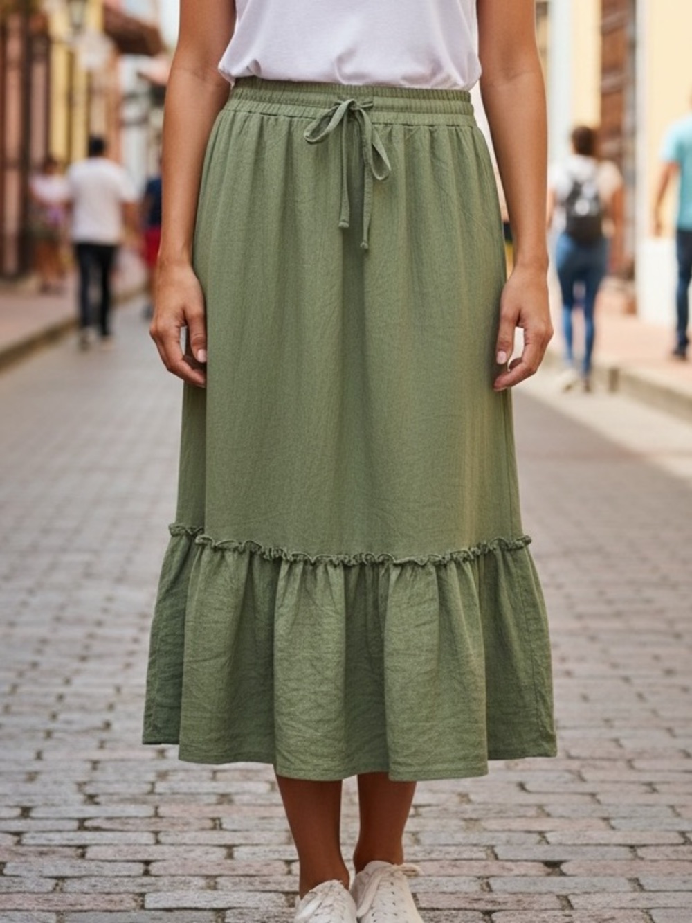 Urbanology Olive Green Women's Midi Flowy Tiered Summer Skirt Size L